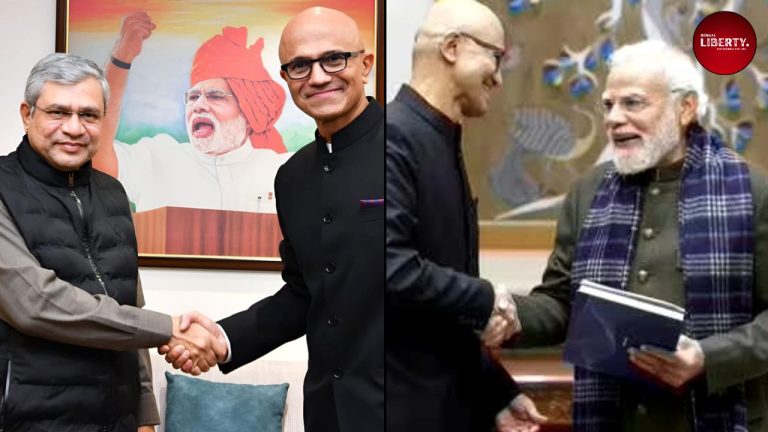 Narendra Modi and Ashwini Vaishnaw discuss with Microsoft CEO