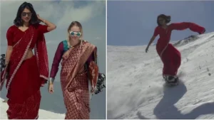 women snowboarding in saree