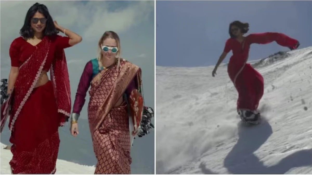 women snowboarding in saree