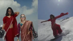 women snowboarding in saree